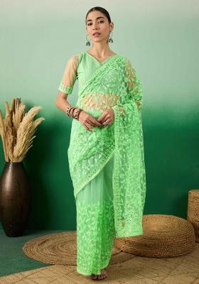 Pastel Green Embroidered Net Saree Set