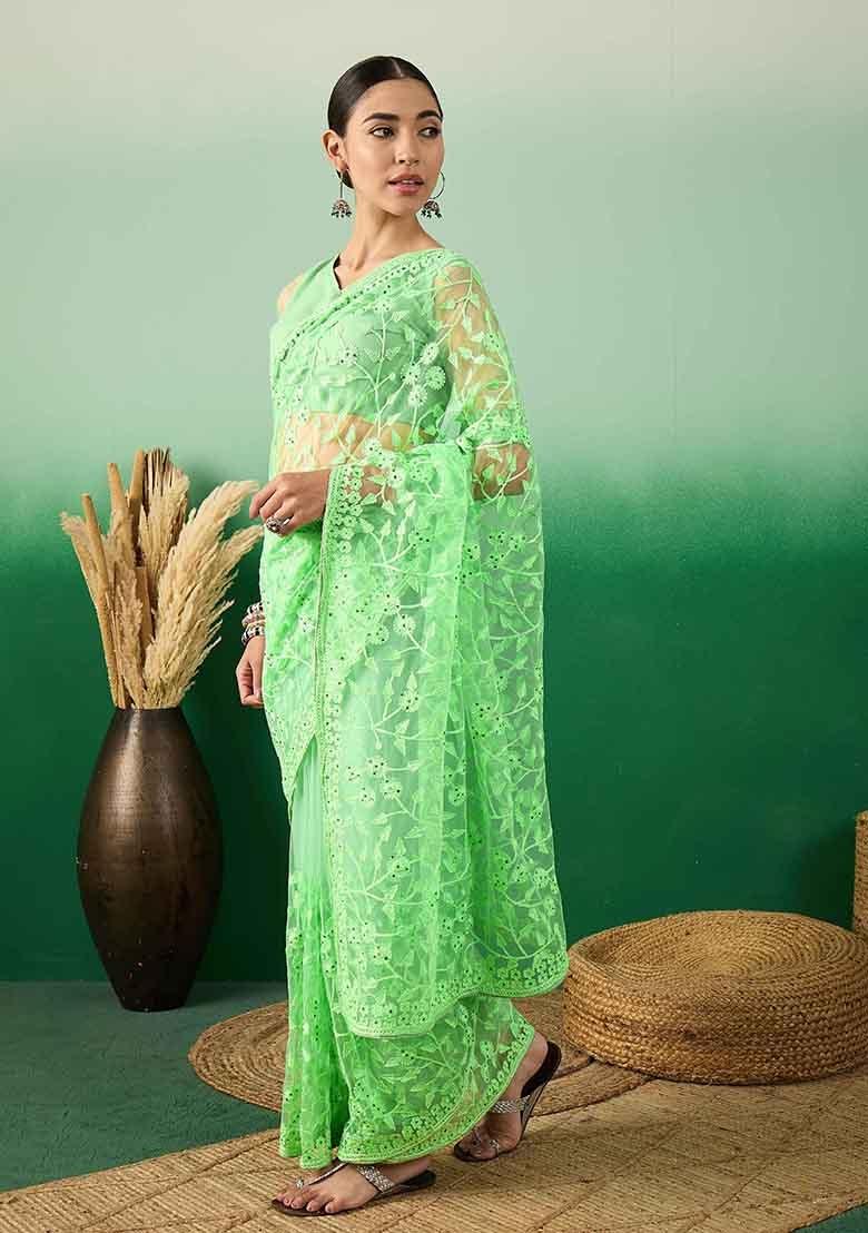 Pastel Green Embroidered Net Saree Set - Indya