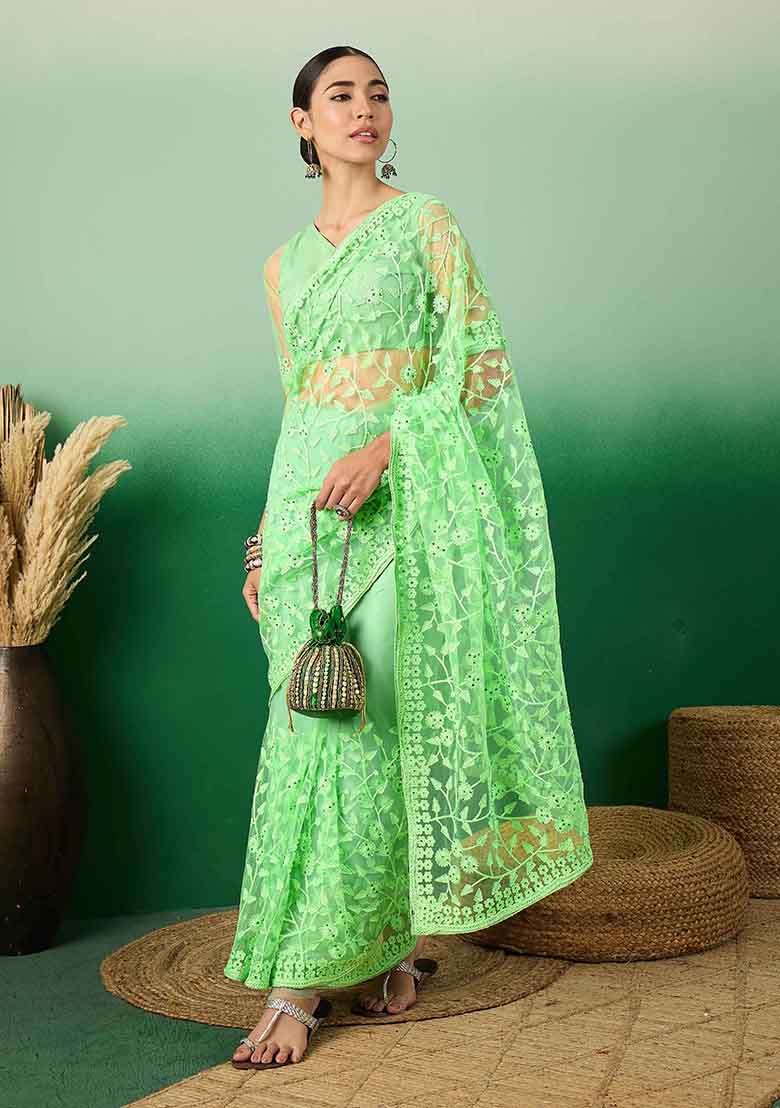 Pastel Green Embroidered Net Saree Set for Diwali and Festive Wear - Indya