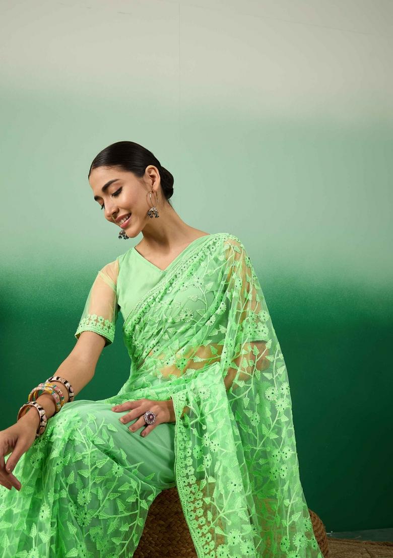 Pastel Green Embroidered Net Saree Set - Indya