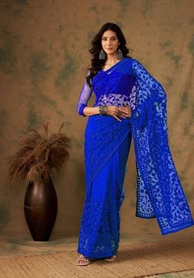 Royal Blue Embroidered Net Saree Set
