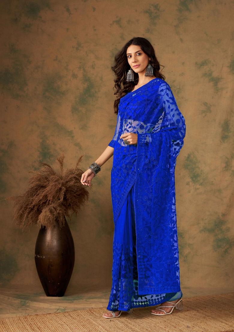 Royal Blue Embroidered Net Saree Set - Indya