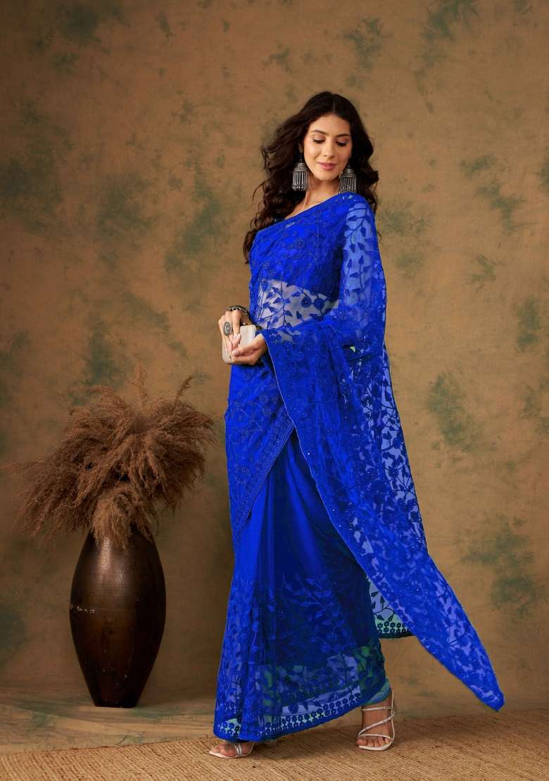 Royal Blue Net Saree Set with Embroidered for Diwali | Wedding & Festive Wear - Indya
