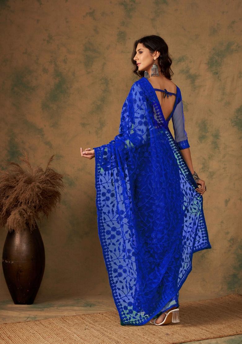 Royal Blue Embroidered Net Saree Set - Indya