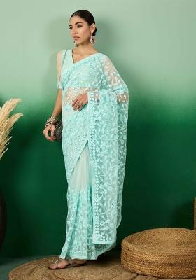 Sky Blue Embroidered Net Saree Set