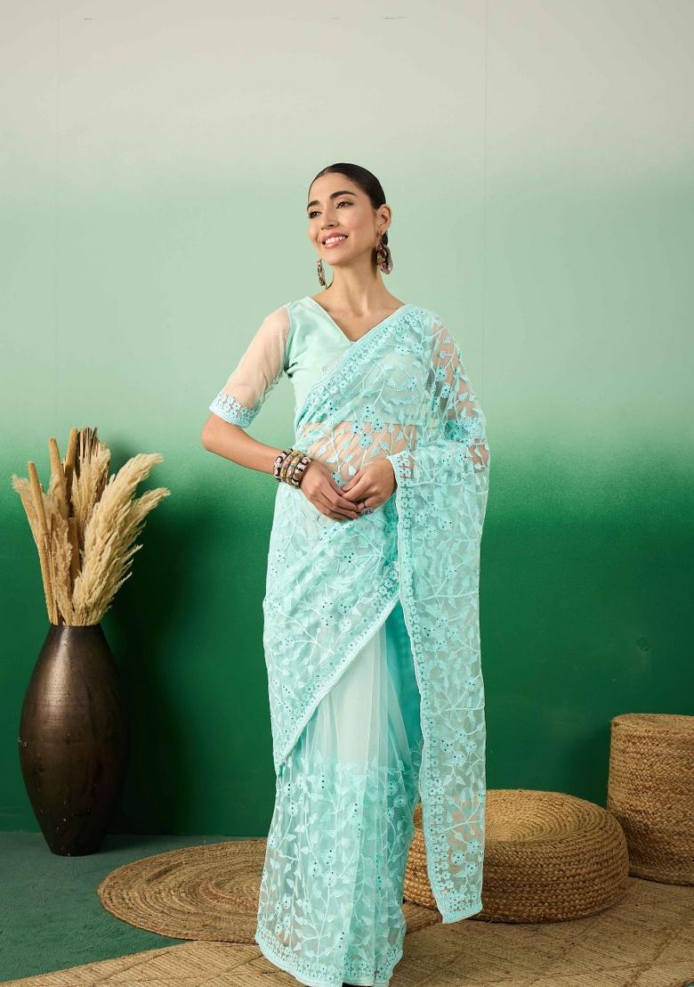 Sky Blue Embroidered Net Saree Set - Indya
