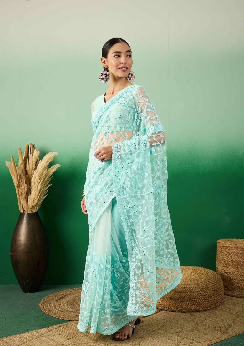 Sky Blue Embroidered Net Saree Set for Diwali and Festive Wear - Indya