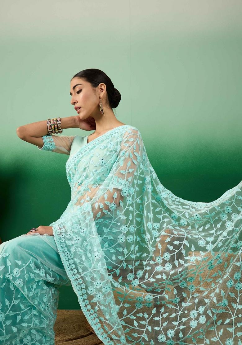Sky Blue Embroidered Net Saree Set - Indya