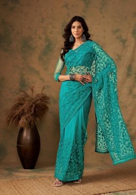 Teal Embroidered Net Saree Set