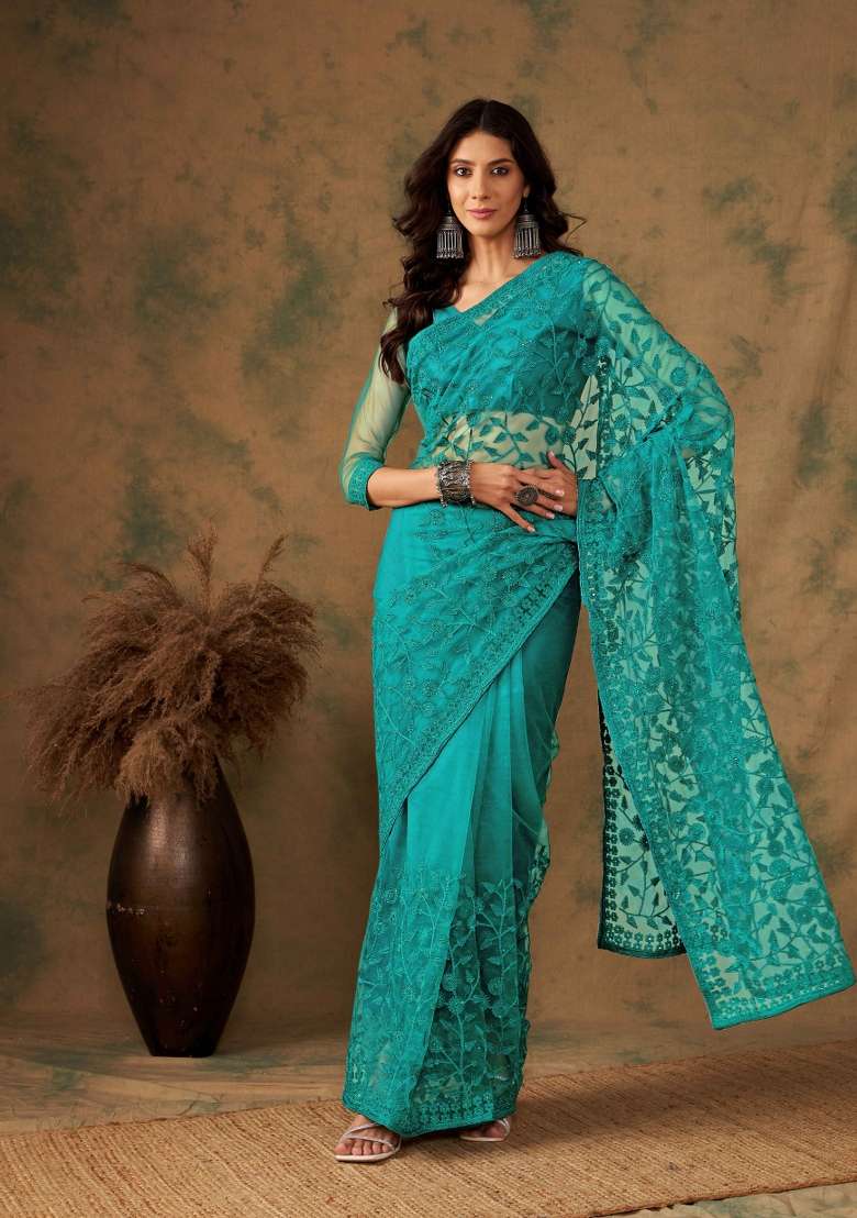 Teal Embroidered Net Saree Set for Diwali and Festive Wear - Indya