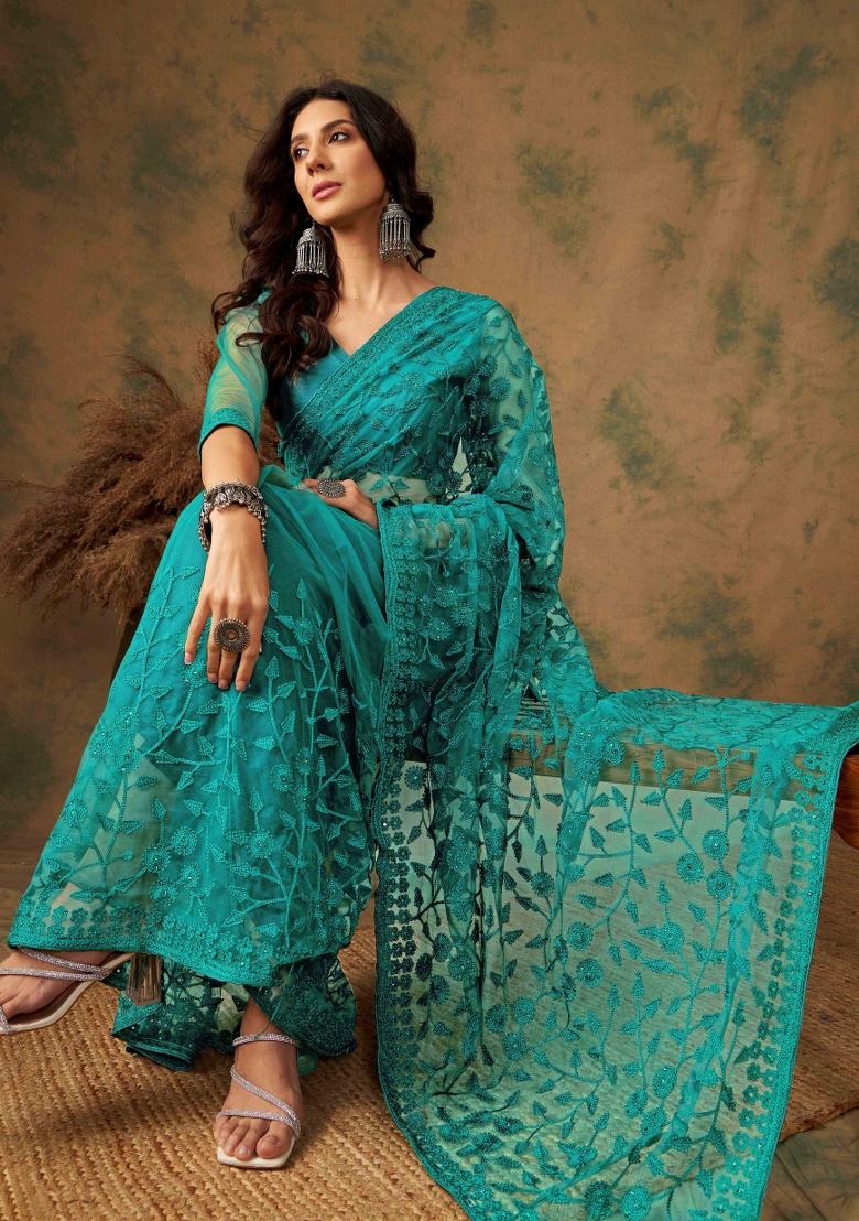 Teal Embroidered Net Saree Set - Indya