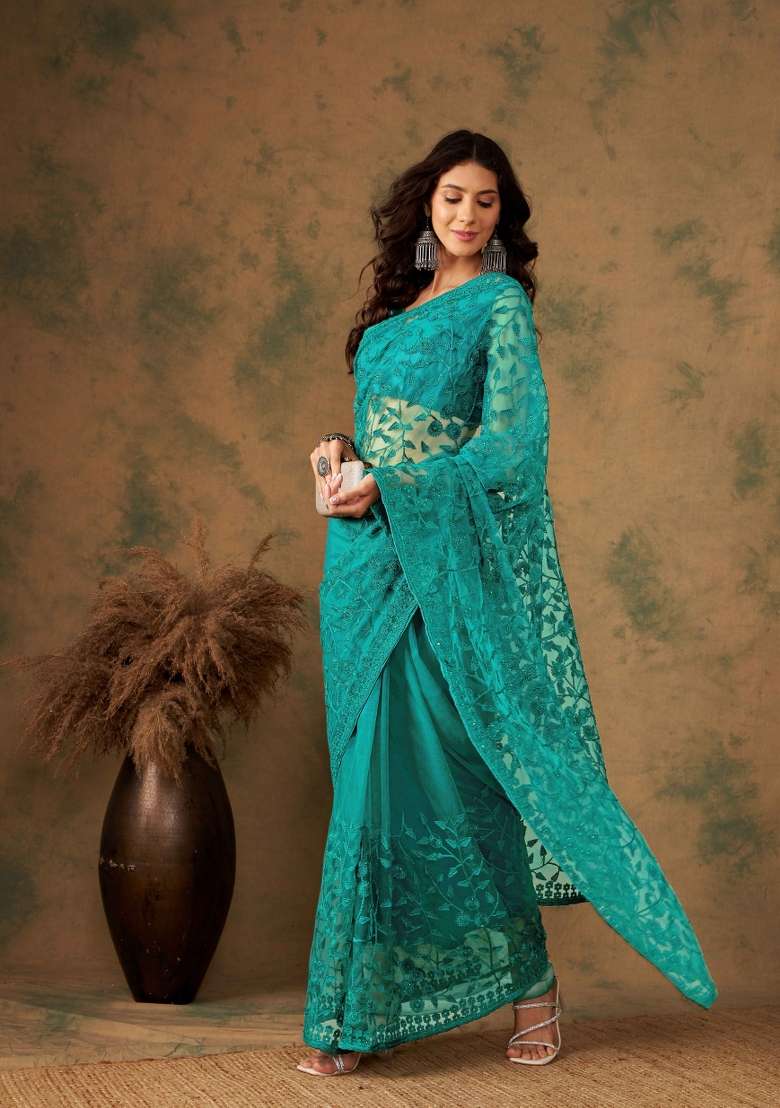 Teal Embroidered Net Saree Set for Diwali and Festive Wear - Indya