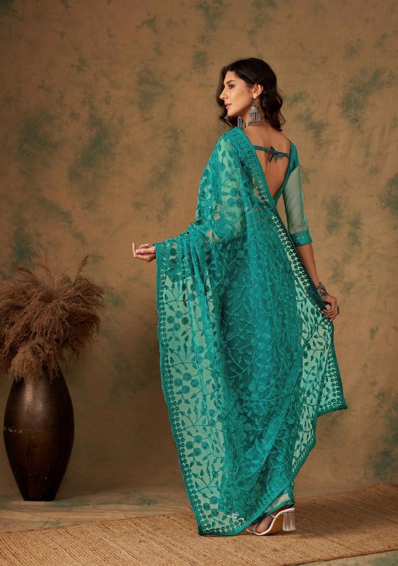 Teal Embroidered Net Saree Set - Indya