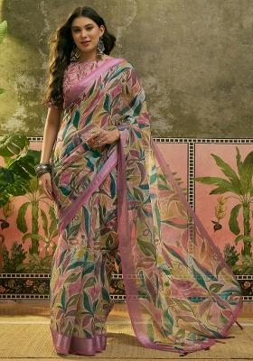 Pink Printed Cotton Saree Set