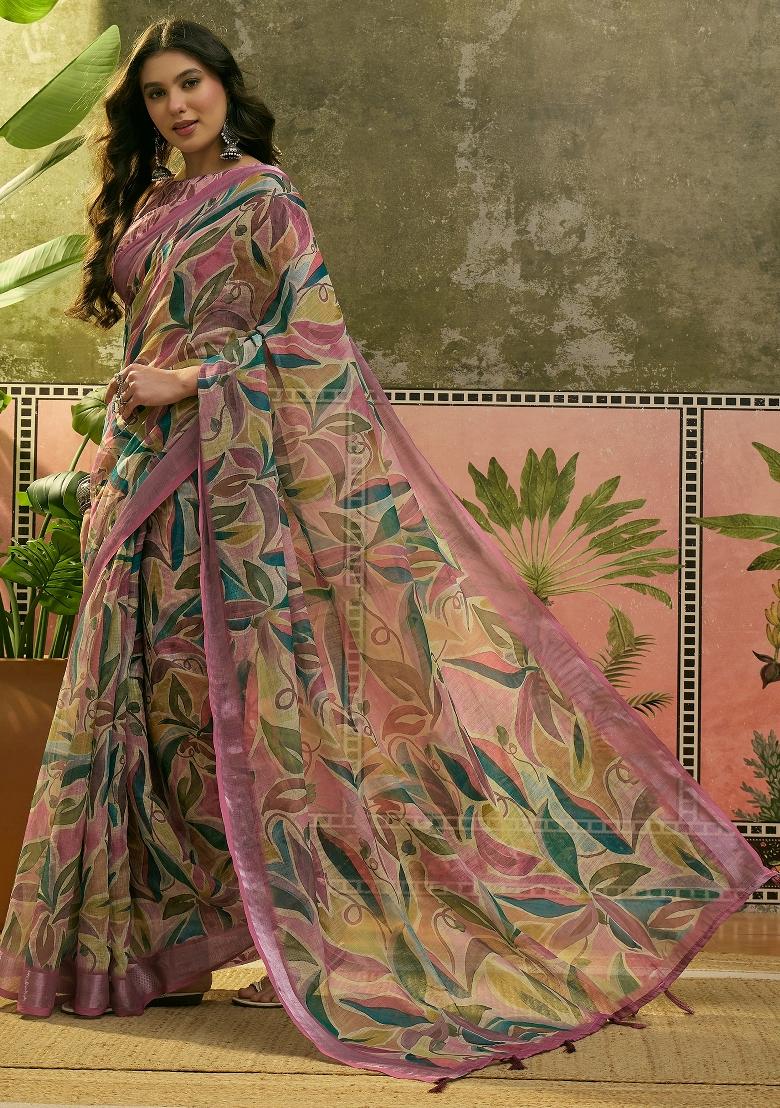 Pink Printed Cotton Saree Set - Indya
