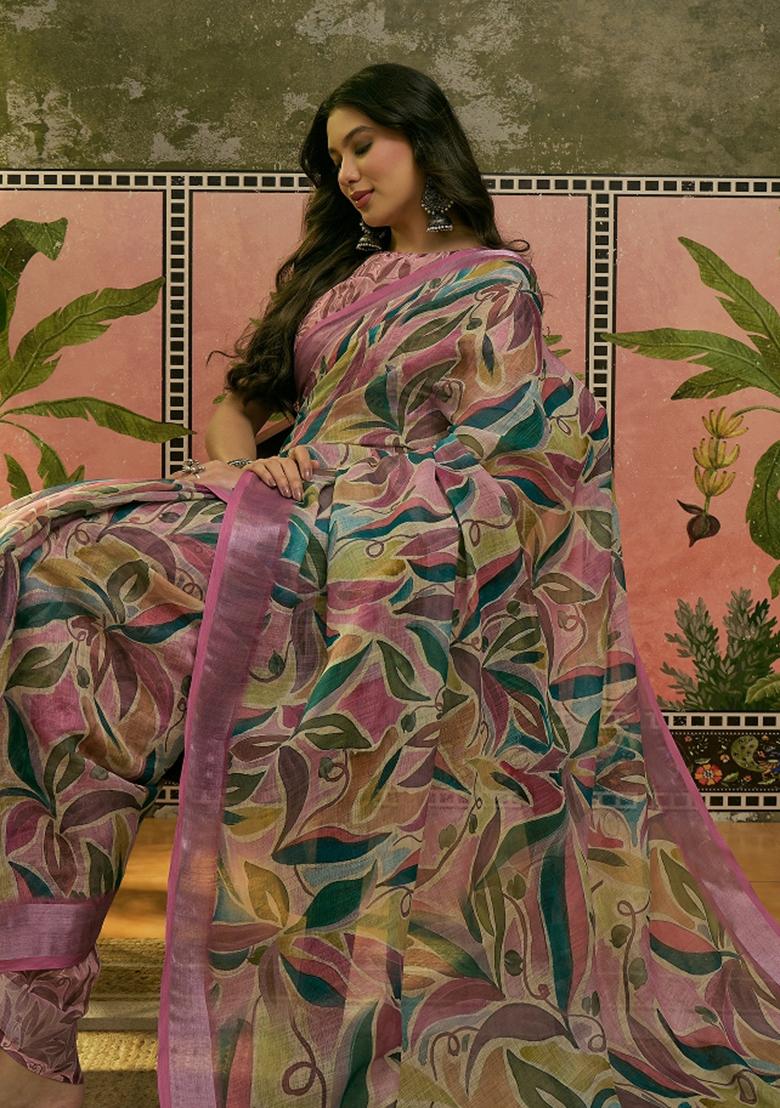 Pink Printed Cotton Saree Set - Indya