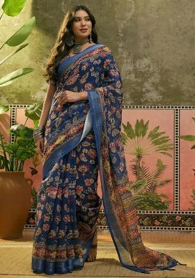 Navy Blue Printed Cotton Saree Set