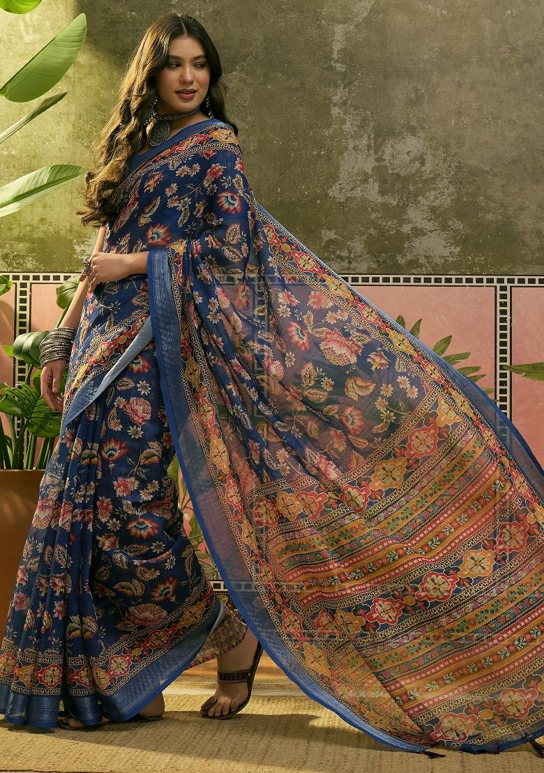 Navy Blue Printed Cotton Saree Set - Indya