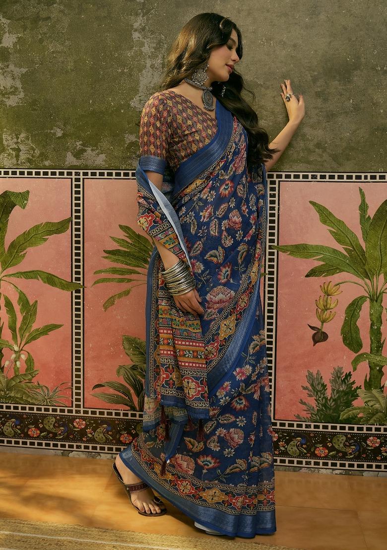 Navy Blue Printed Cotton Saree Set - Indya