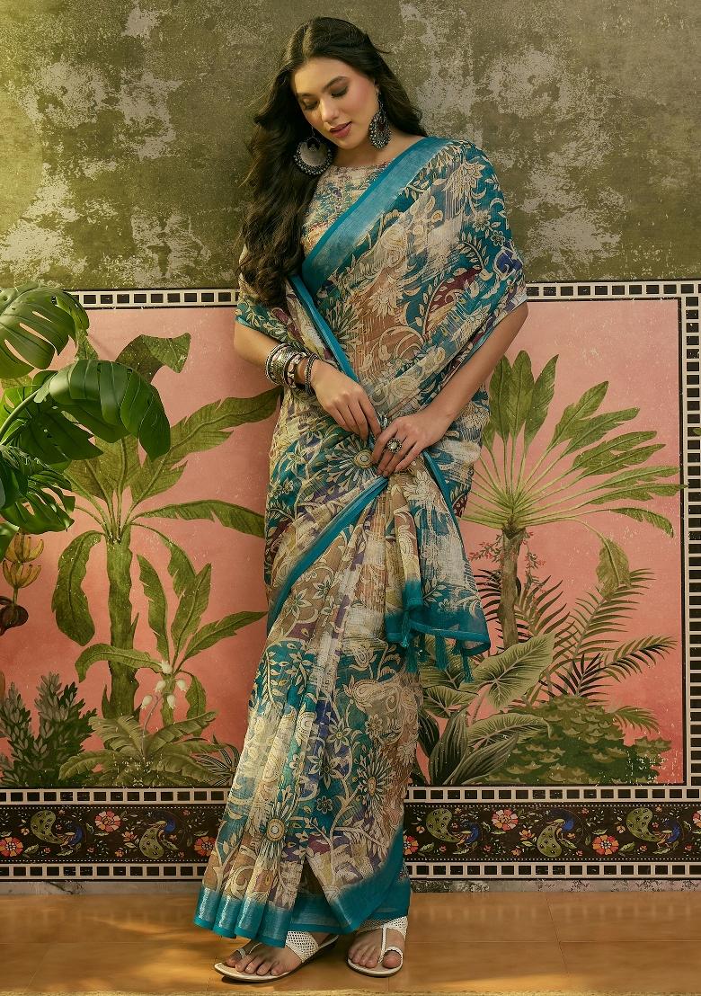Teal Printed Cotton Saree Set - Indya