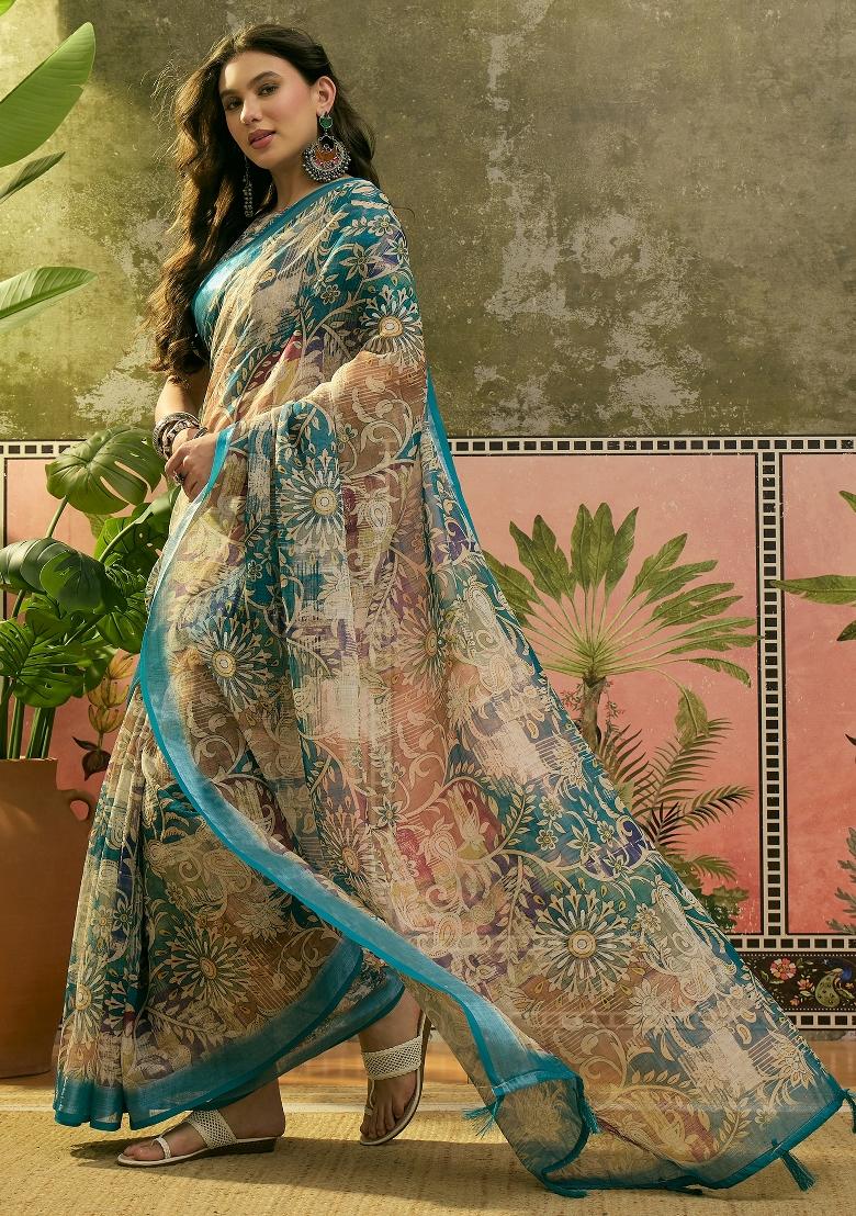 Teal Printed Cotton Saree Set - Indya