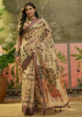 Beige Printed Cotton Saree Set