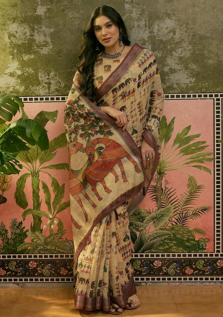 Beige Printed Cotton Saree Set - Indya