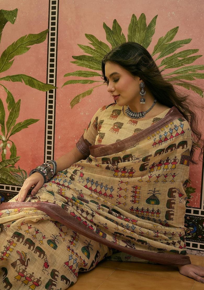 Beige Printed Cotton Saree Set - Indya