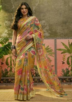 Mustard Printed Cotton Saree Set