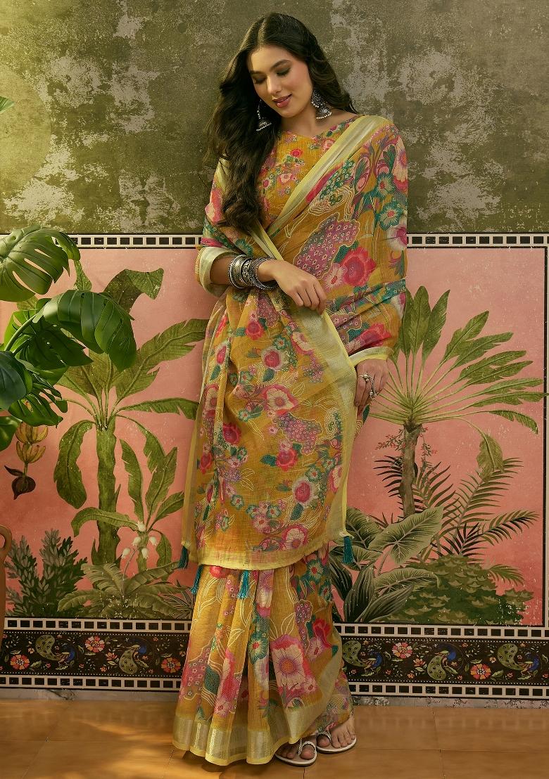 Mustard Printed Cotton Saree Set - Indya
