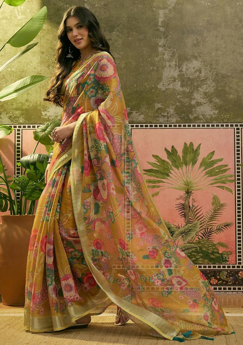Mustard Printed Cotton Saree Set - Indya