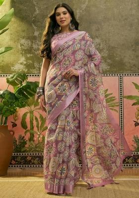 Dusty Pink Printed Cotton Saree Set