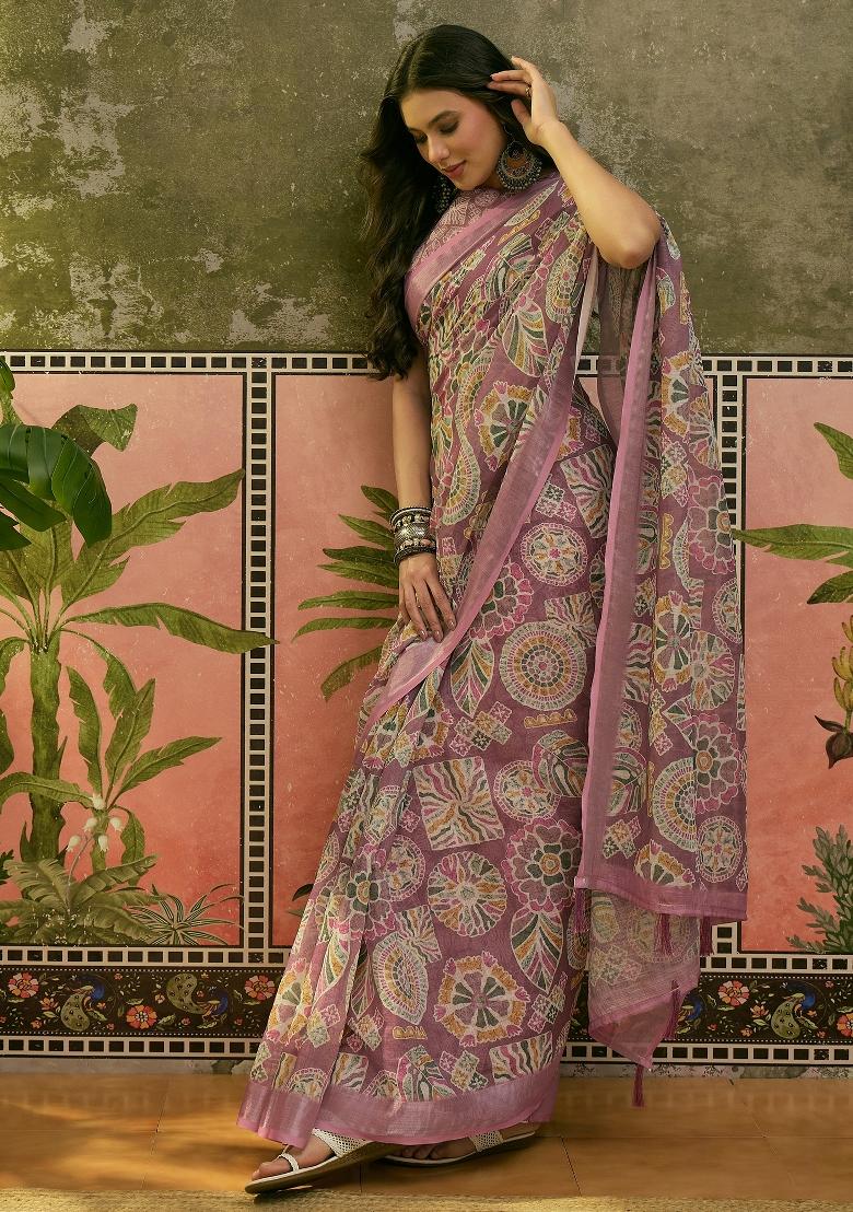 Dusty Pink Printed Cotton Saree Set - Indya