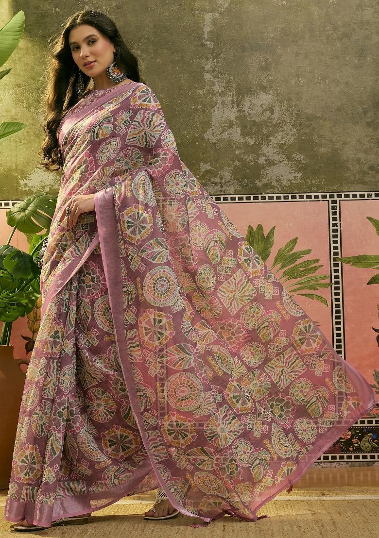 Dusty Pink Printed Cotton Saree Set - Indya