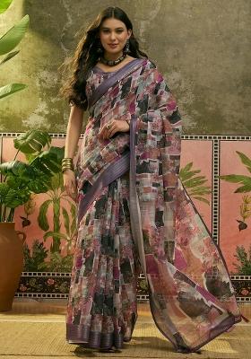 Purple Printed Cotton Saree Set