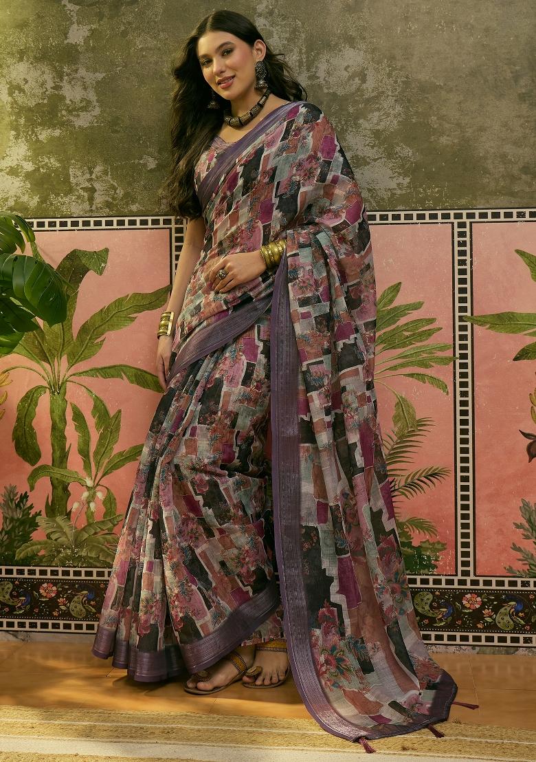 Purple Printed Cotton Saree Set - Indya