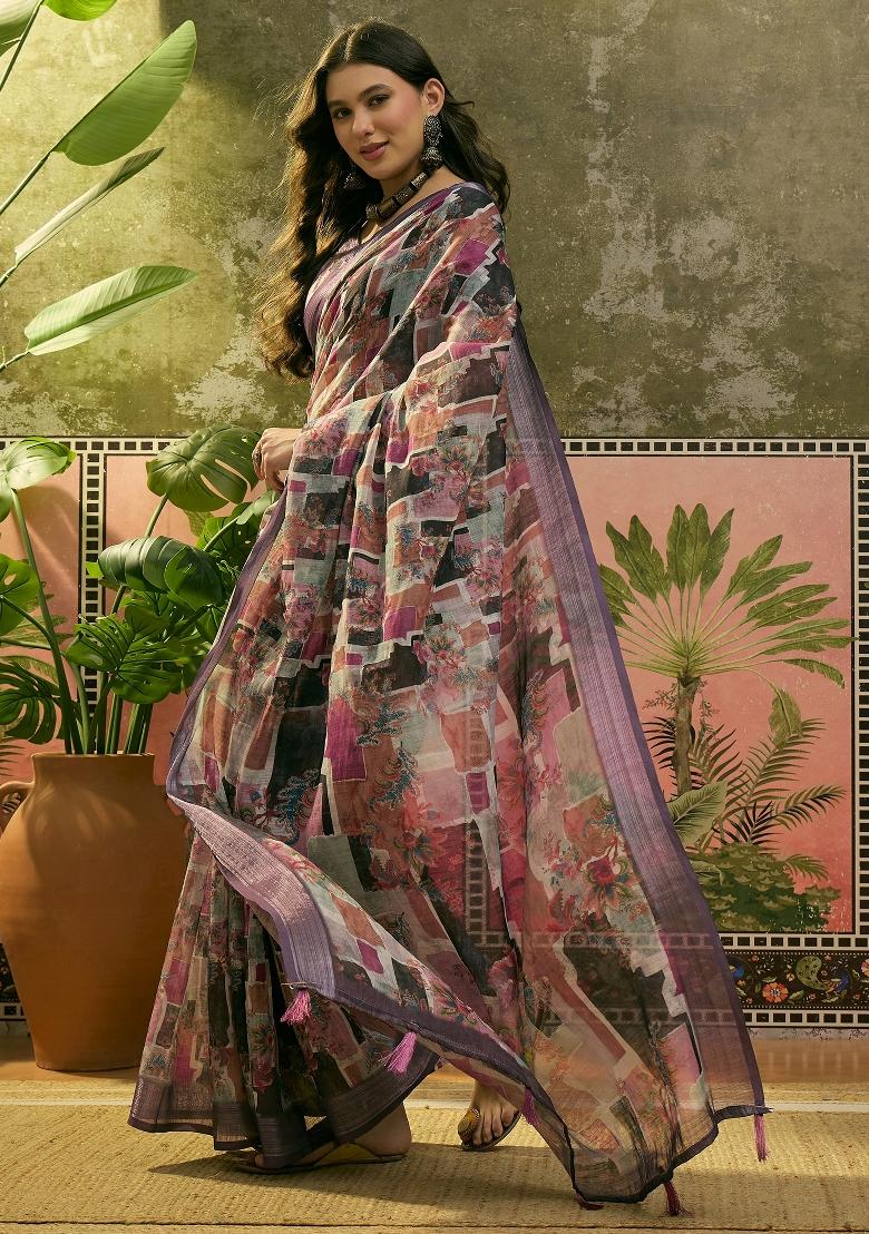 Purple Printed Cotton Saree Set - Indya