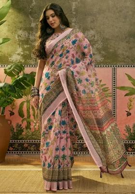 Pink Printed Cotton Saree Set