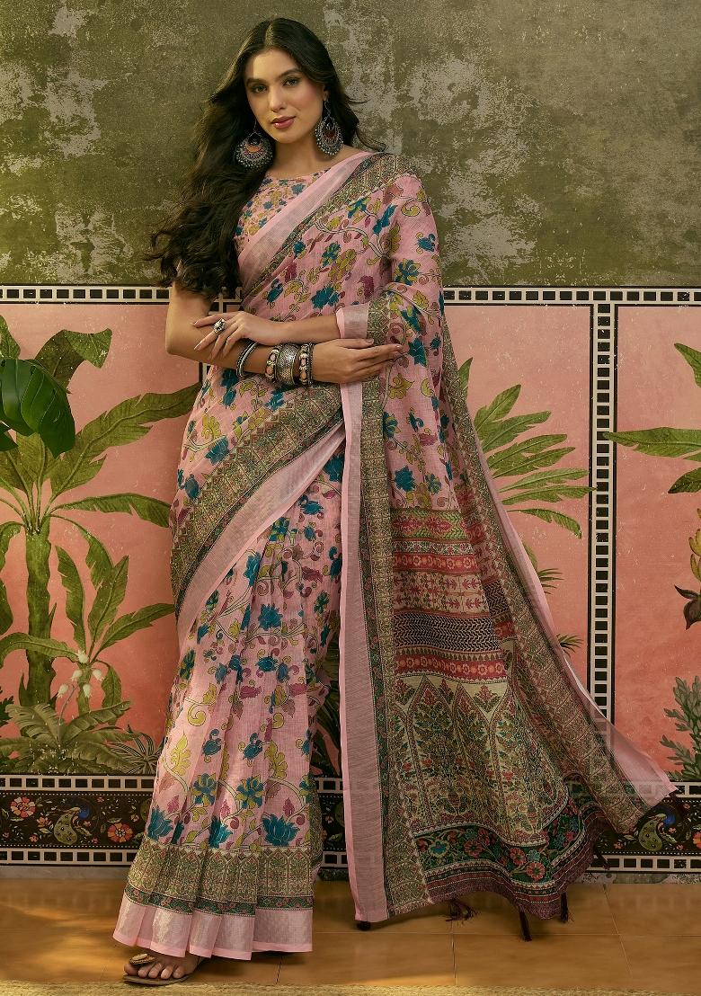 Pink Printed Cotton Saree Set - Indya
