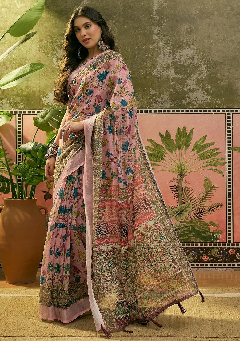 Pink Printed Cotton Saree Set - Indya