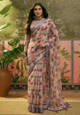 Light Grey Printed Cotton Saree Set