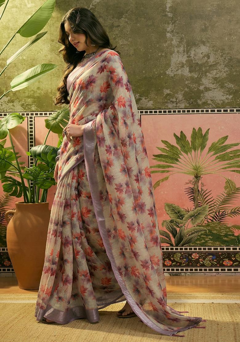 Light Grey Printed Cotton Saree Set - Indya