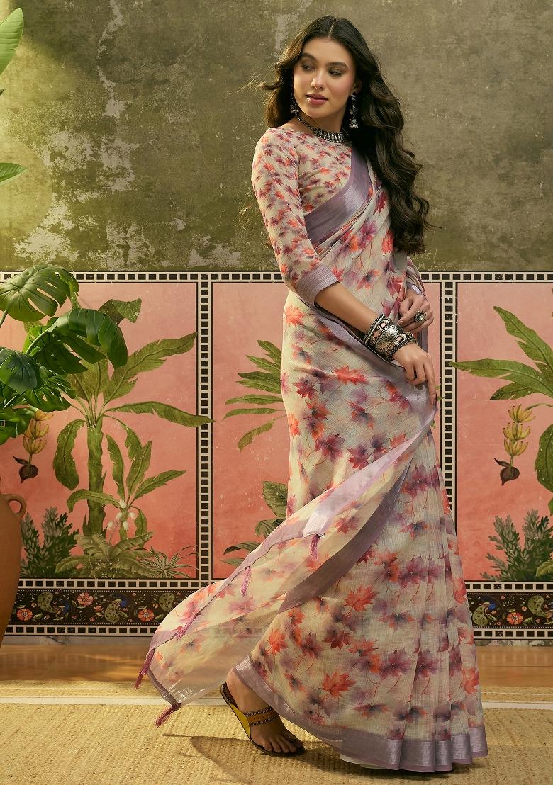 Light Grey Printed Cotton Saree Set - Indya
