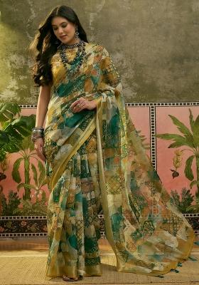 Green Printed Cotton Saree Set