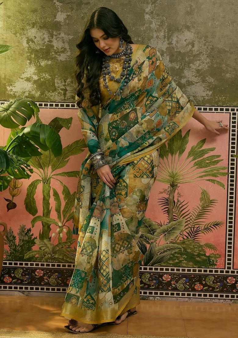 Green Printed Cotton Saree Set - Indya