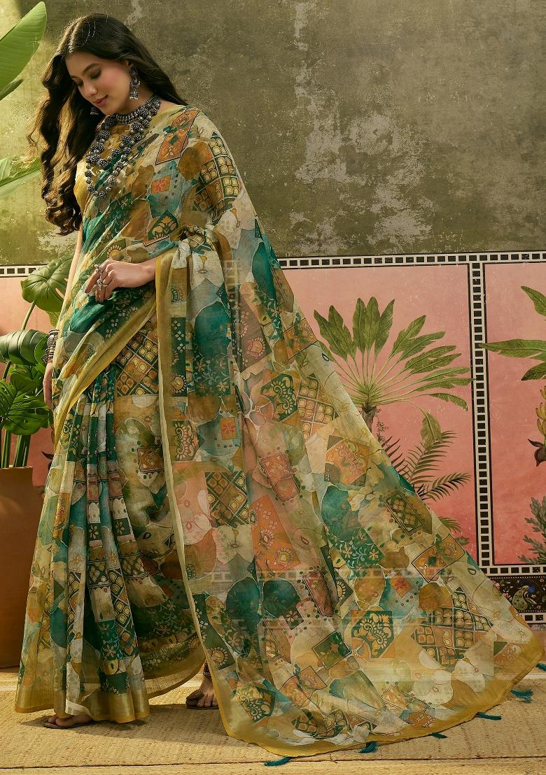 Green Printed Cotton Saree Set - Indya