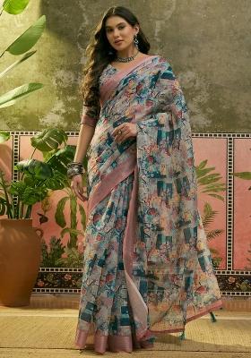 Multicolor Printed Cotton Saree Set