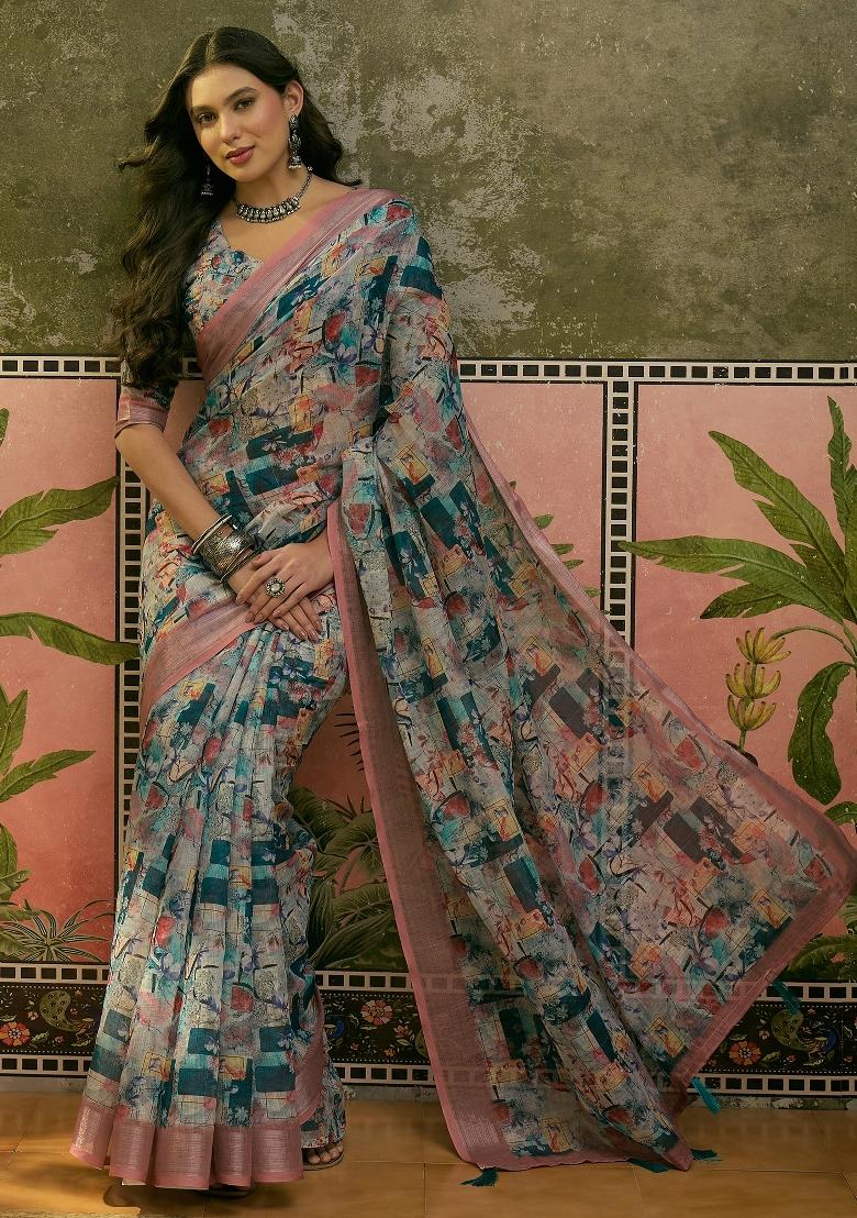 Multicolor Printed Cotton Saree Set - Indya