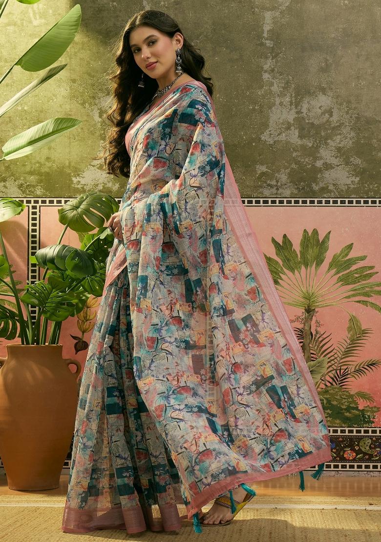Multicolor Printed Cotton Saree Set - Indya