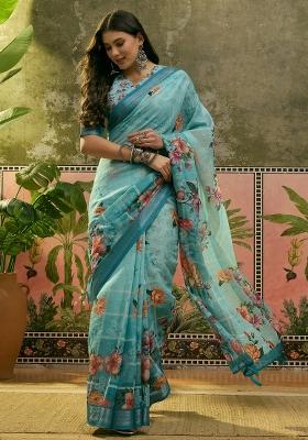 Sky Blue Printed Cotton Saree Set